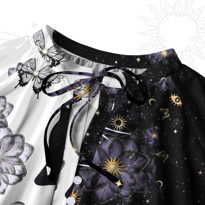 Purplehecate Starlit Cats & Butterflies Split Neck Tie Blouse