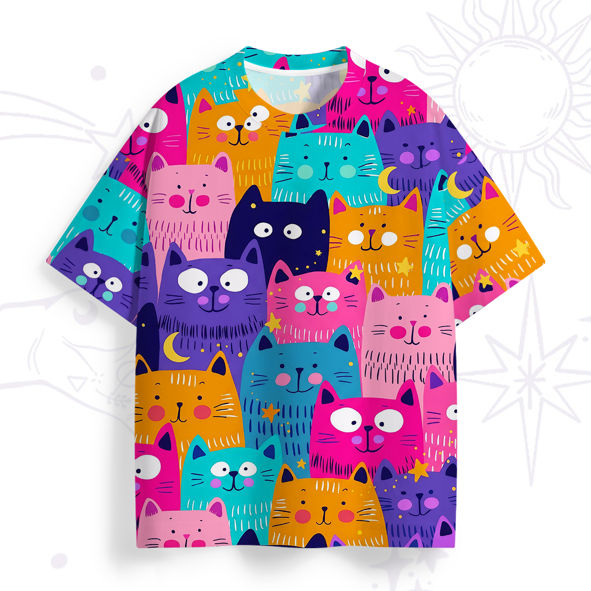 Purplehecate Colorful Cat Faces All Over Print T-Shirt