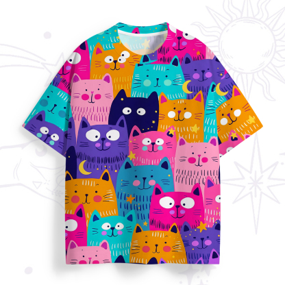 Purplehecate Colorful Cat Faces All Over Print T-Shirt