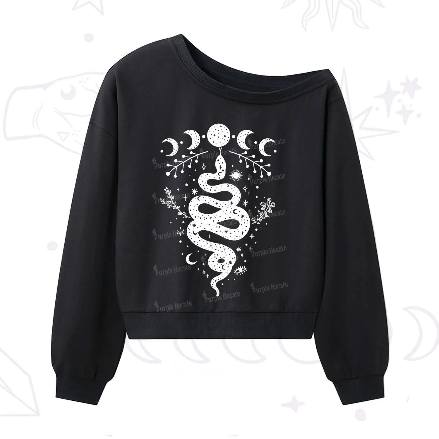Purplehecate Snake And Moon Phase Comfort One Shoulder Sweatshirt