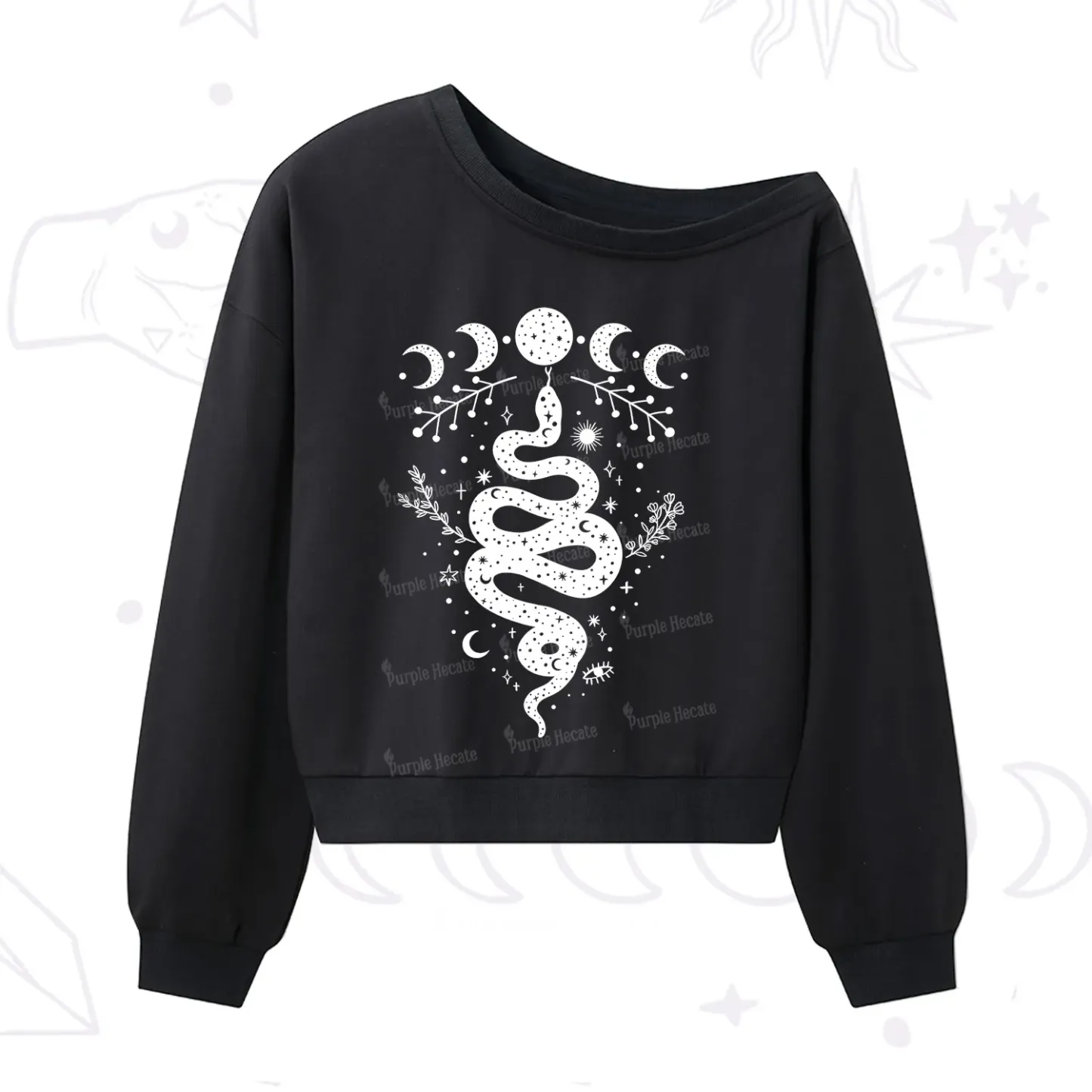 Purplehecate Snake And Moon Phase Comfort One Shoulder Sweatshirt