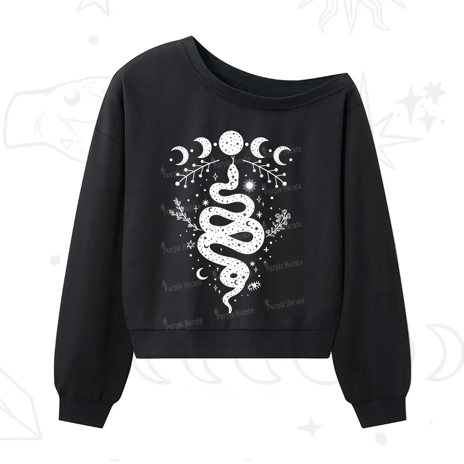 Purplehecate Snake And Moon Phase Comfort One Shoulder Sweatshirt