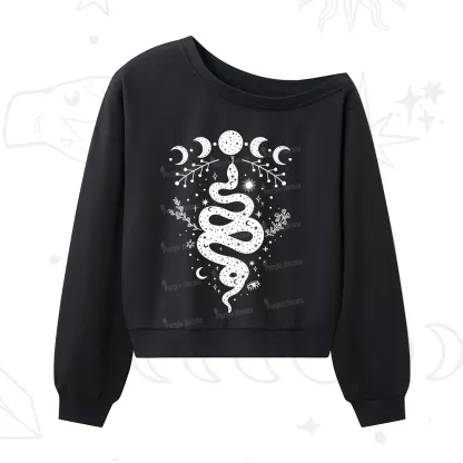 Purplehecate Snake And Moon Phase Comfort One Shoulder Sweatshirt