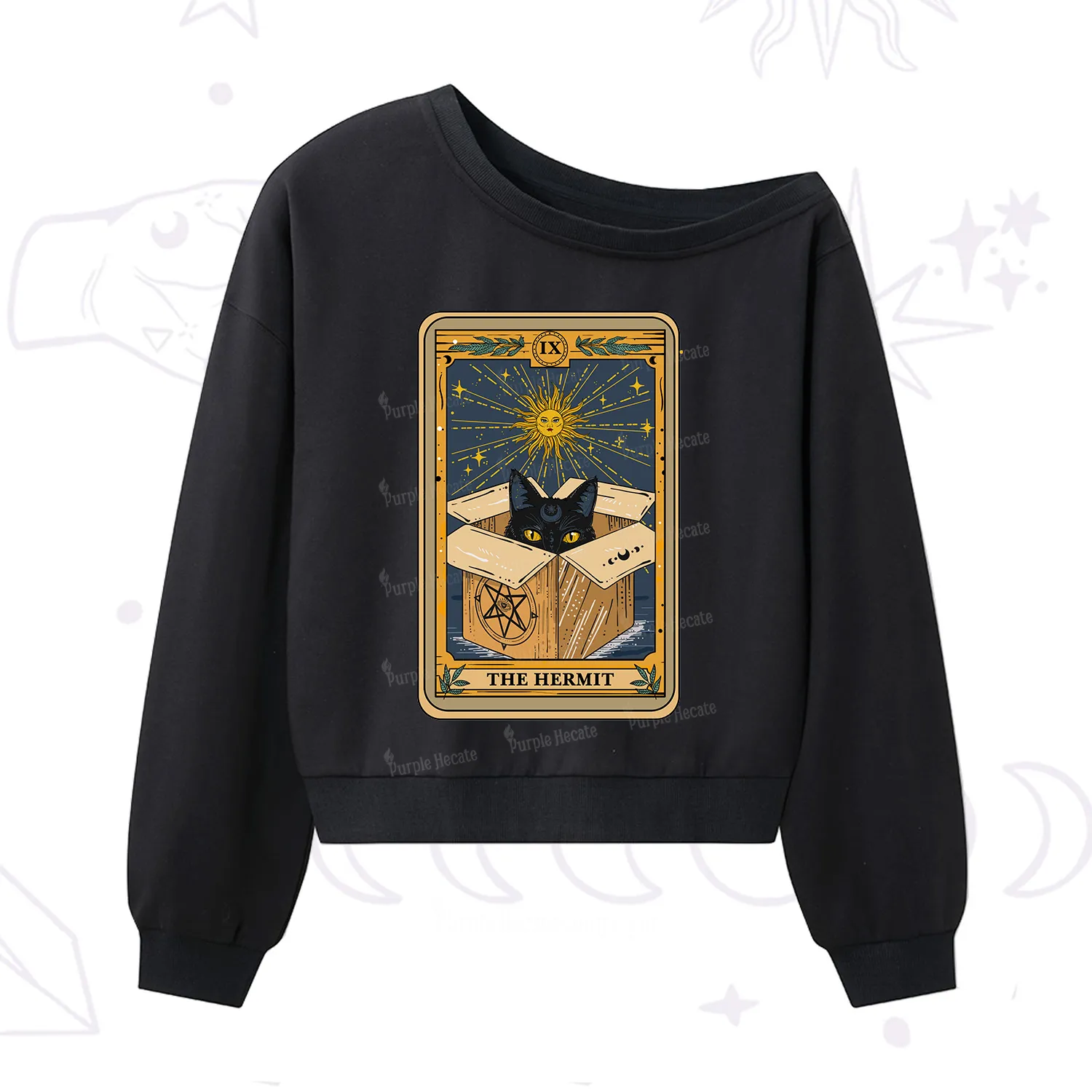 Purplehecate The Hermit Cat Tarot Card One Shoulder Sweatshirt