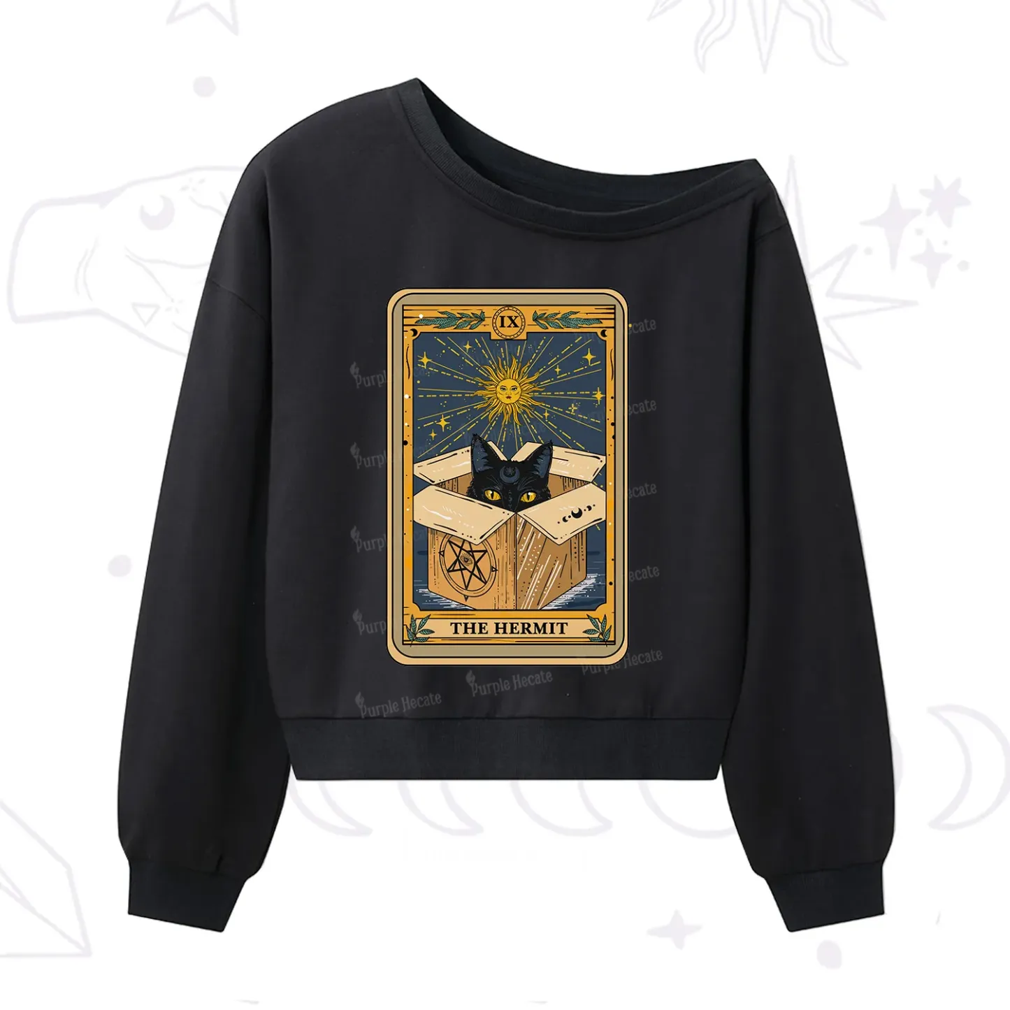Purplehecate The Hermit Cat Tarot Card One Shoulder Sweatshirt