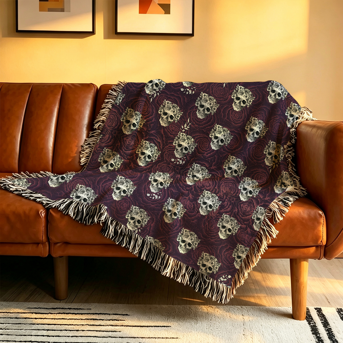 Purplehecate Rose Skull Woven Tapestry Blanket