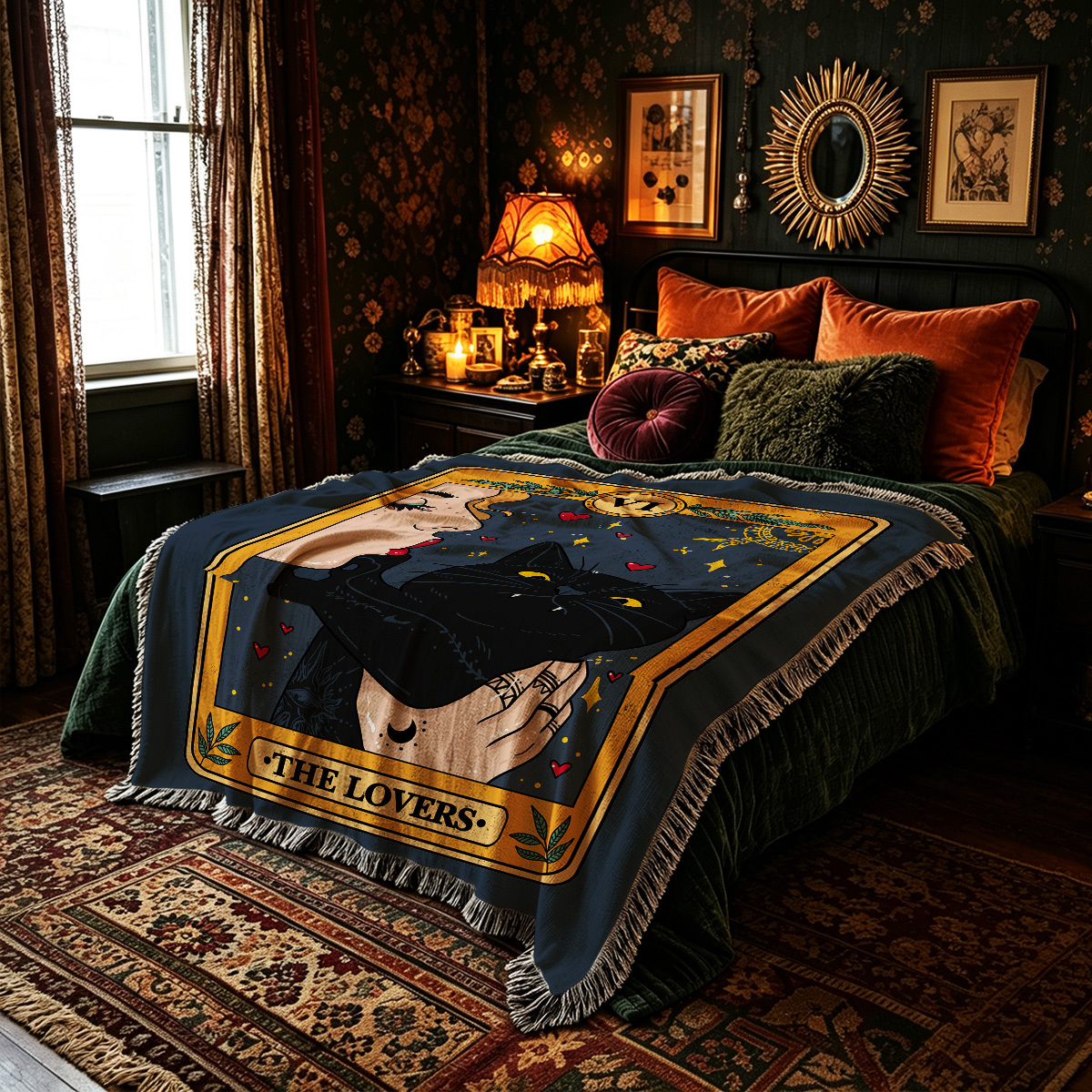 Purplehecate The Lovers Cat Tarot Woven Tapestry Blanket