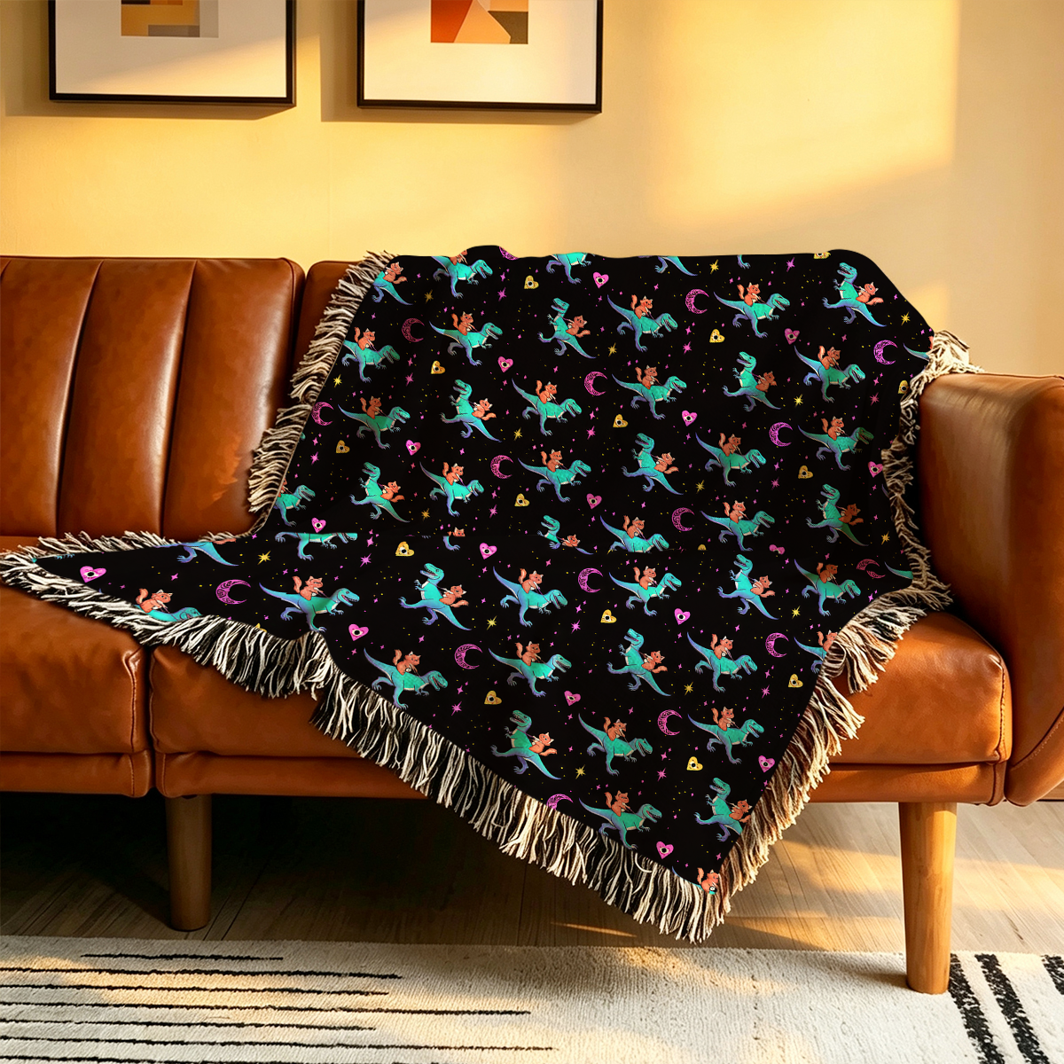 Purplehecate Witch Cat Rides the Dino Woven Tapestry Blanket