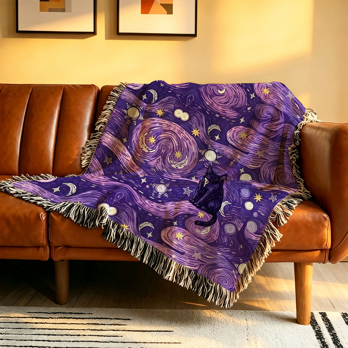 Purplehecate Mystic Cat Beneath the Cosmic Veil Woven Tapestry Blanket