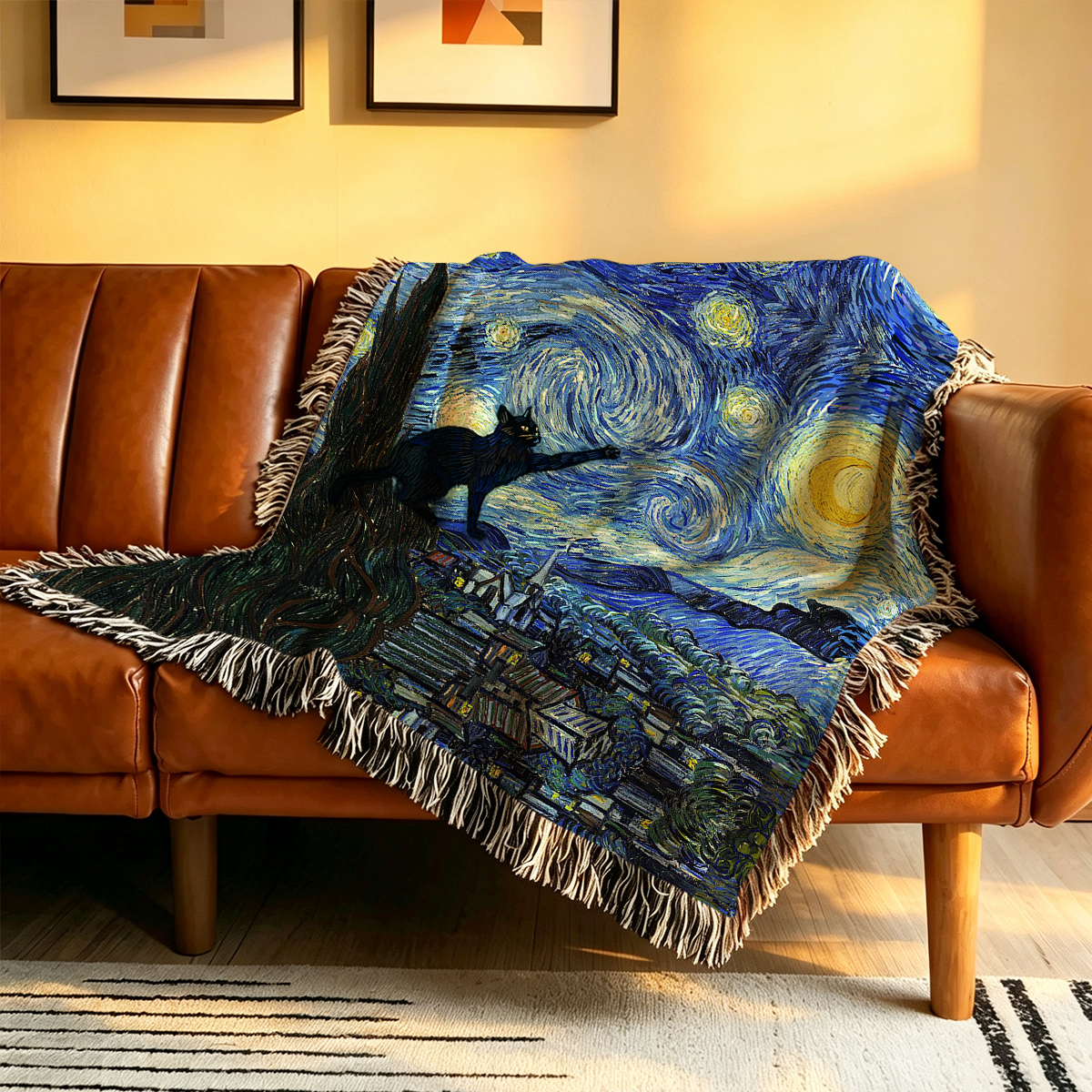 Purplehecate Witch Cat Under the Starry Night Woven Tapestry Blanket