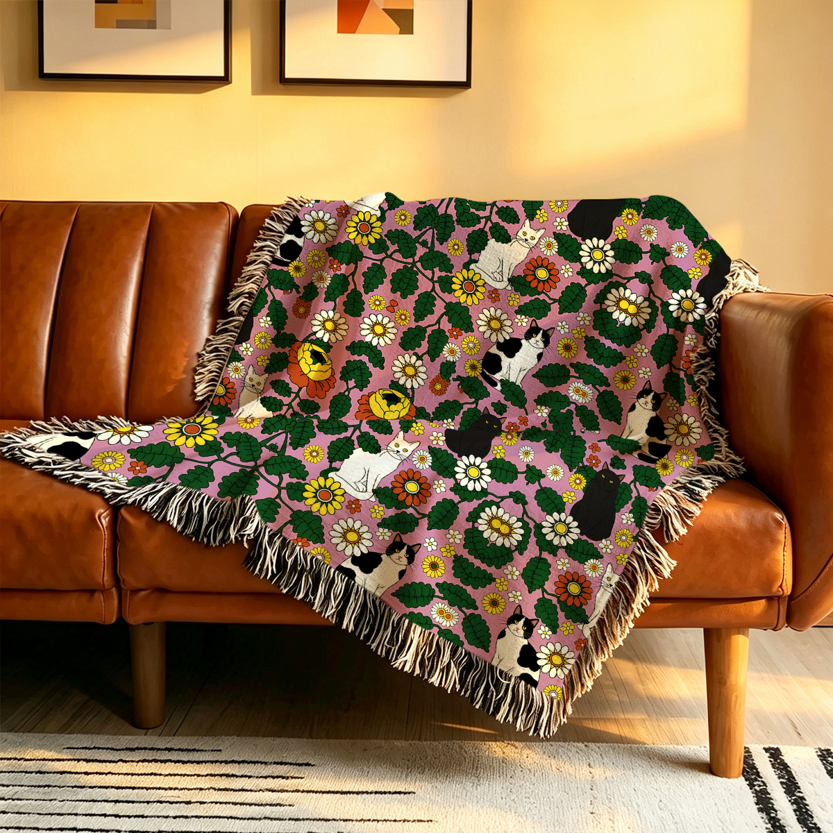 Purplehecate Daisy Cat  Garden Woven Tapestry Blanket