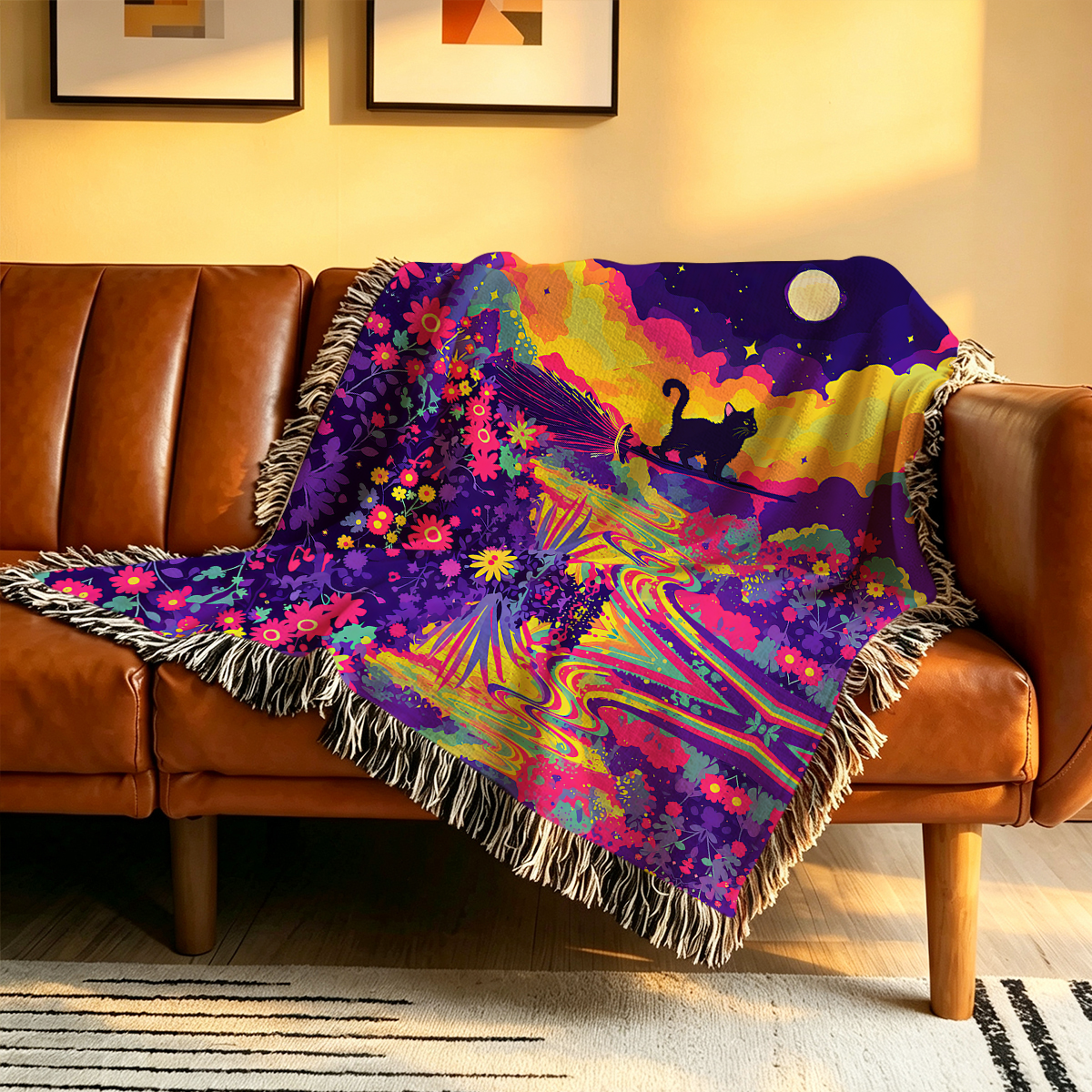 Purplehecate Midnight Cosmic Cat Fantasy Woven Tapestry Blanket