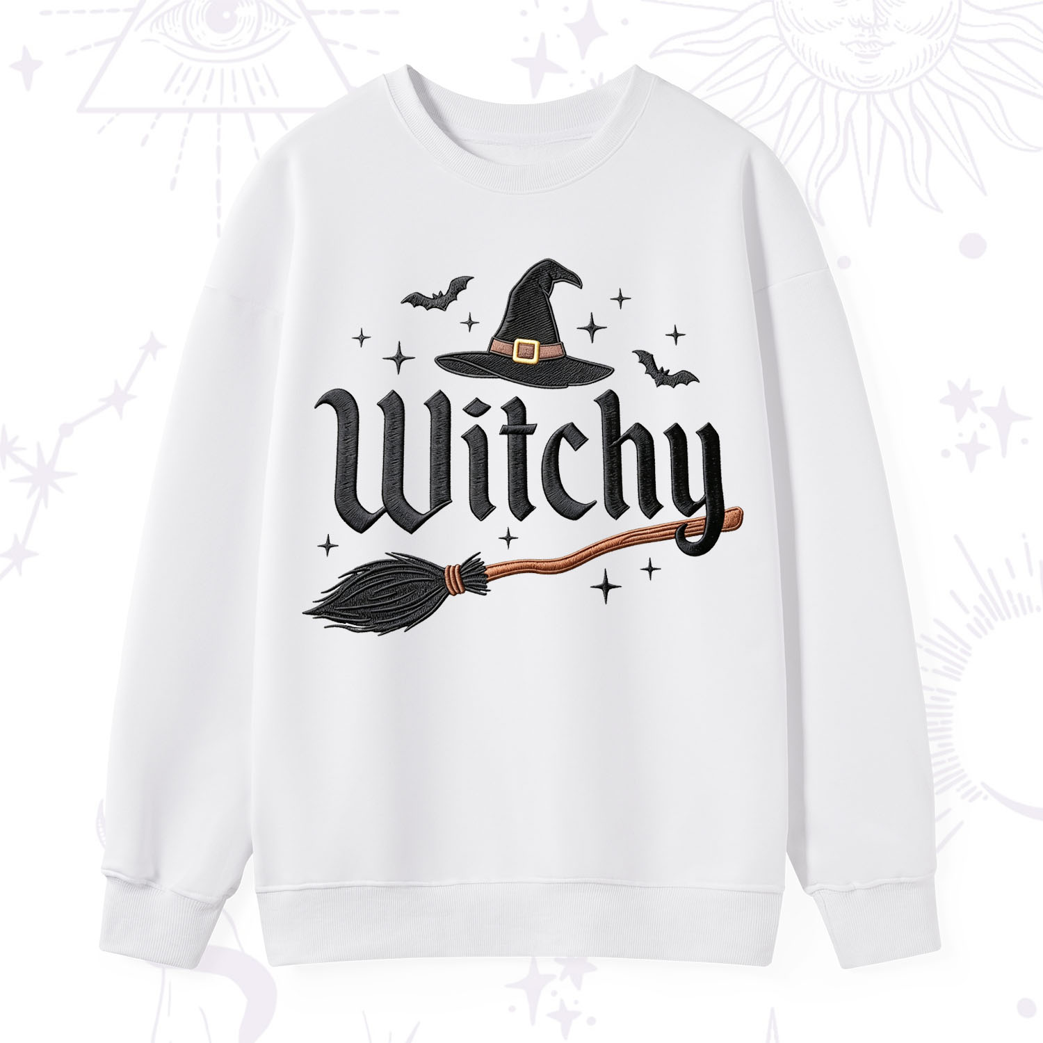 Purplehecate Bat and Broomstick Witch Embroidered Sweatshirt