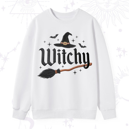 Purplehecate Bat and Broomstick Witch Embroidered Sweatshirt