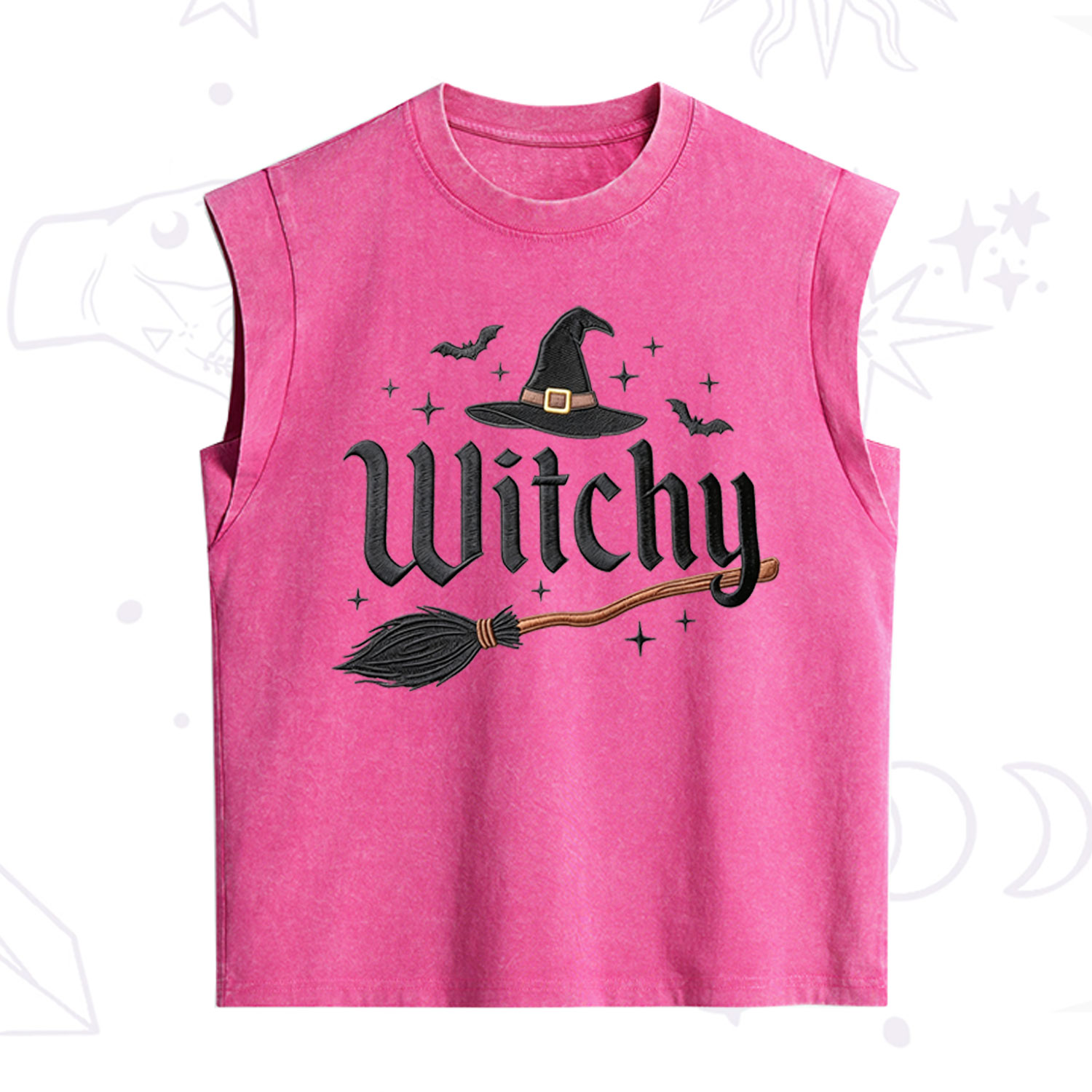 Purplehecate Bat and Broomstick Witch Embroidered Vintage Washed Tank