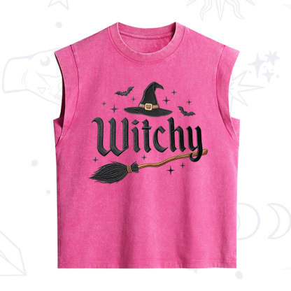 Purplehecate Bat and Broomstick Witch Embroidered Vintage Washed Tank