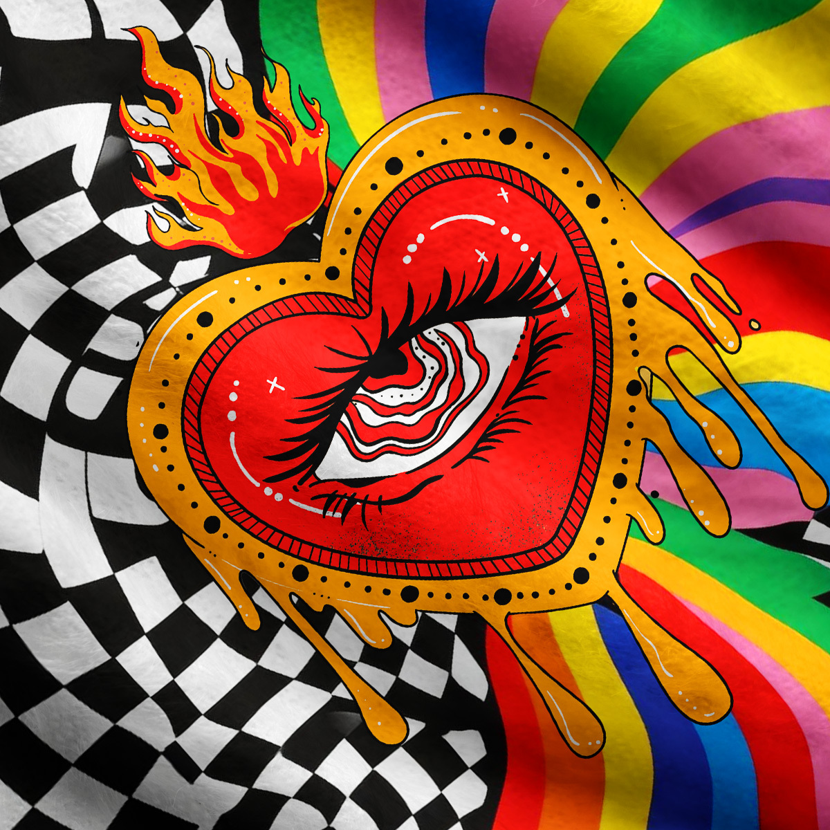 Purplehecate Trippy Rainbow Heart Eye One Shoulder Sweaters