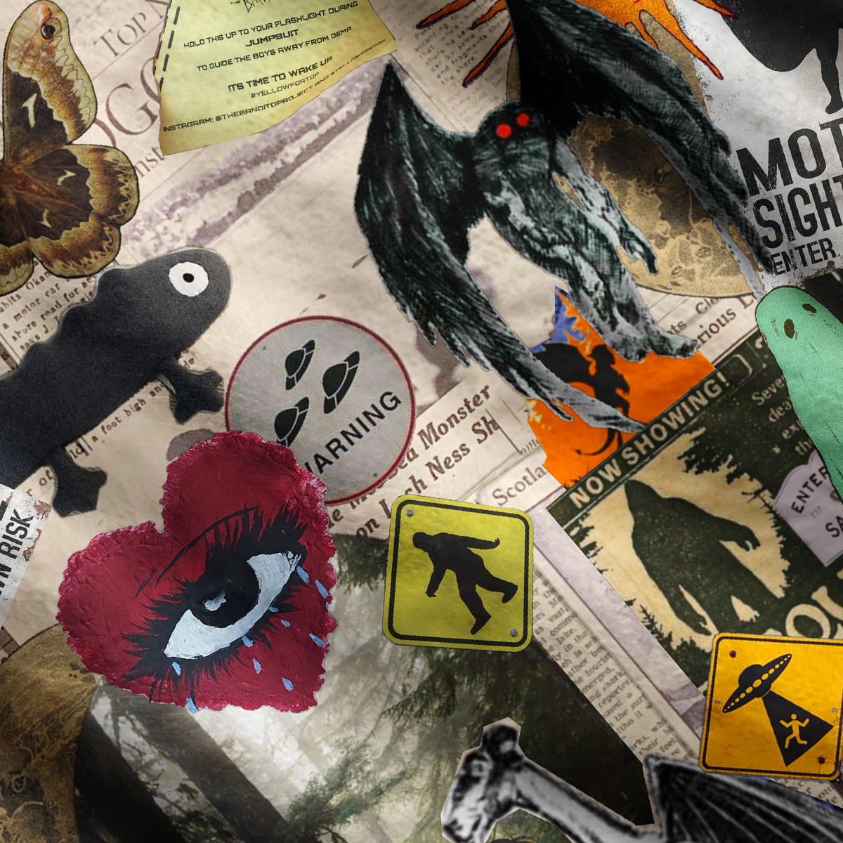 Purplehecate Cryptid Warning Collage One Shoulder Sweaters