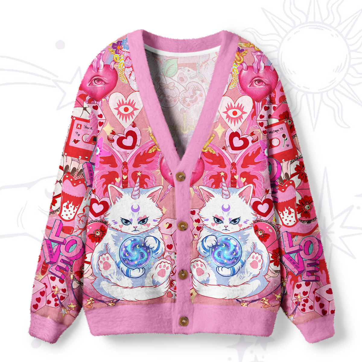 Purplehecate Pink Psychic Unicorn Cats Ugly Cardigan Sweaters