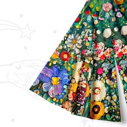 Purplehecate Fluffy Black Cat in Colorful Flower Field Bell Sleeve Dress