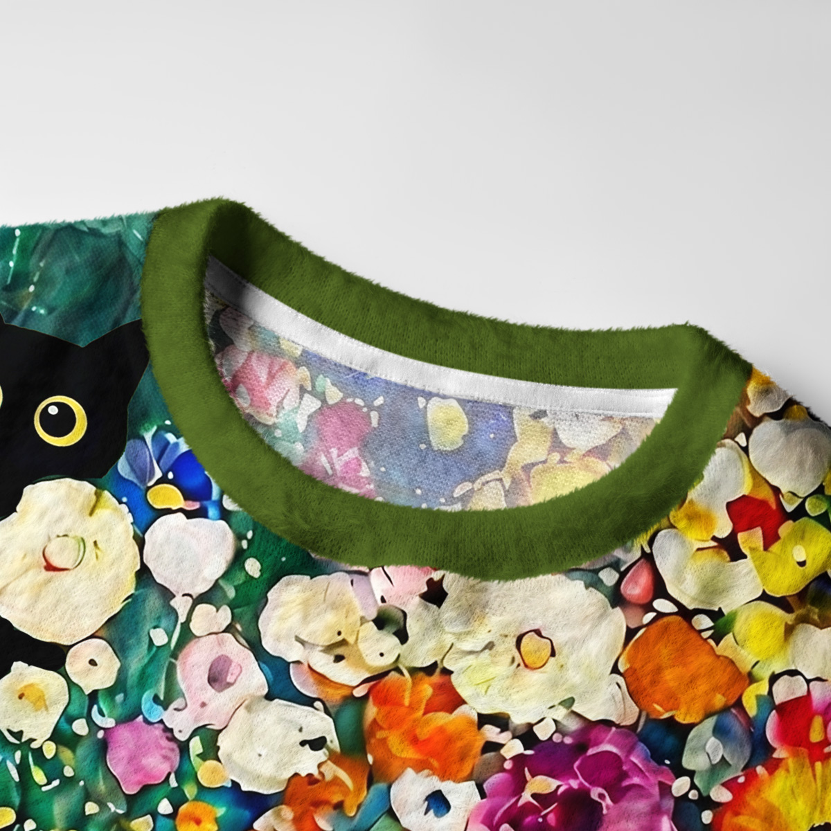 Purplehecate Fluffy Black Cat in Colorful Flower Field Fuzzy Ugly Sweatshirt