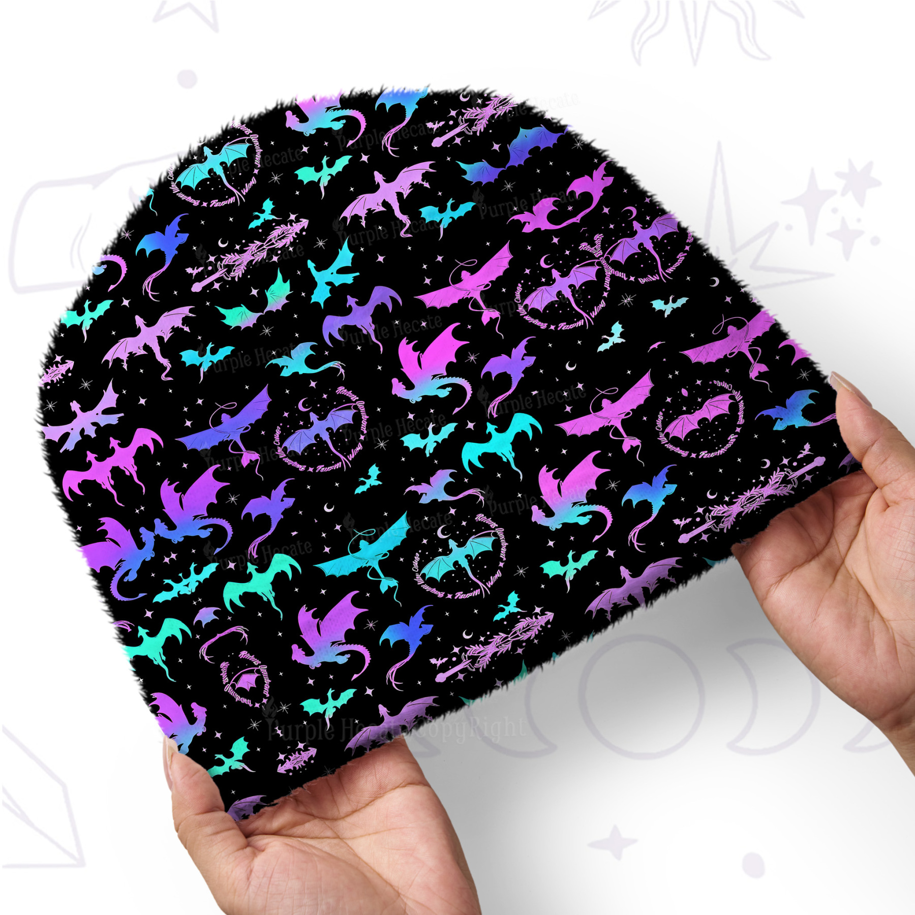 Purplehecate Neon Fantasy Dragon Allover Fuzzy Knit Beanie