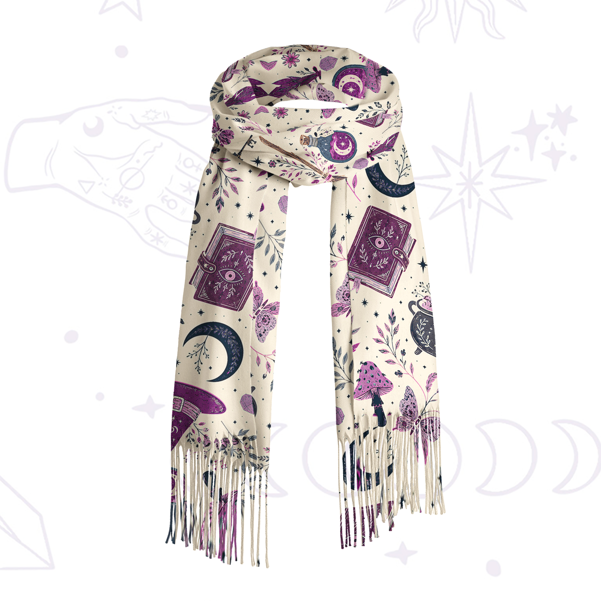 Purplehecate Witchcraft Spellbook Printed Fringe Scarf