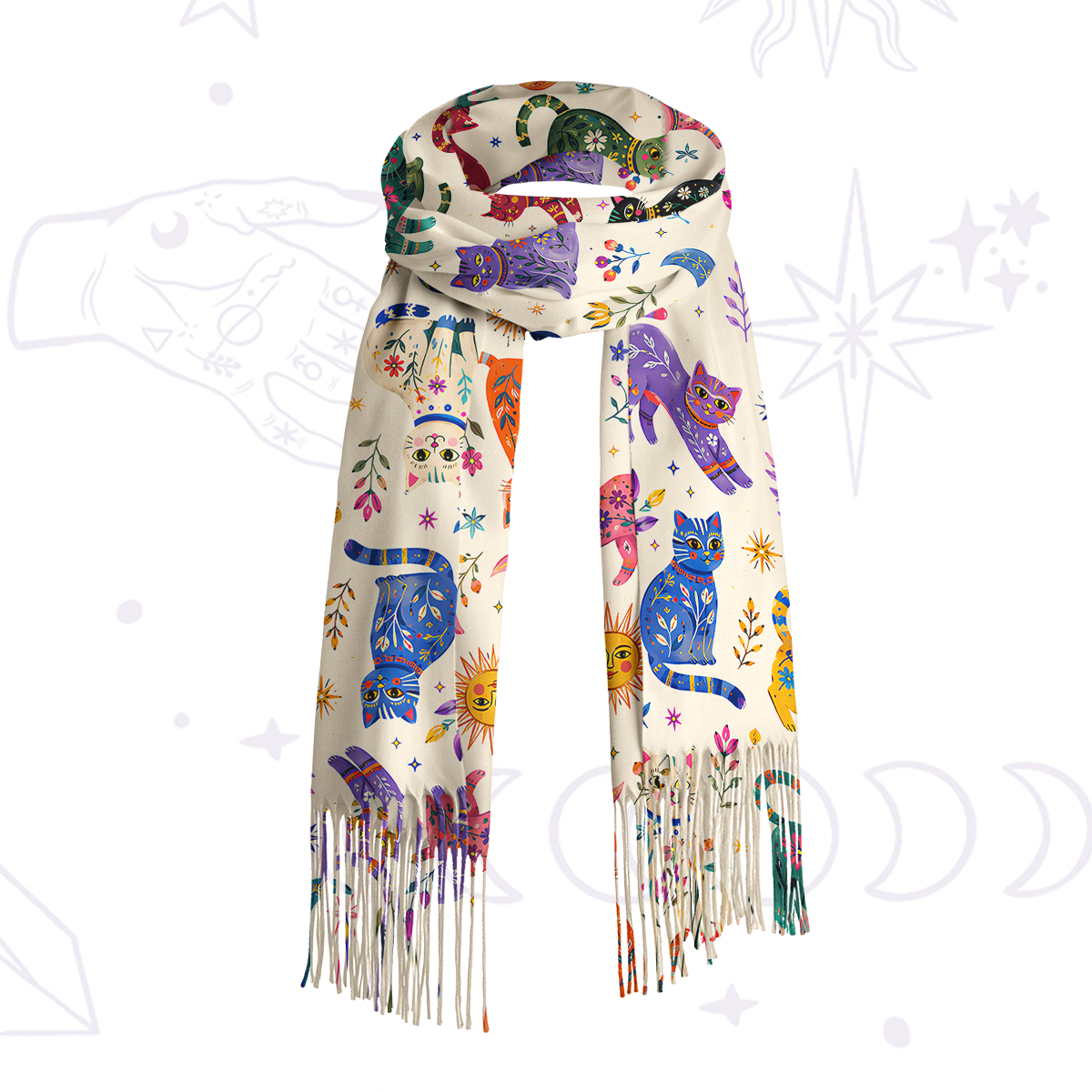 Purplehecate Rainbow Magic Cats Printed Fringe Scarf