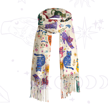 Purplehecate Rainbow Magic Cats Printed Fringe Scarf