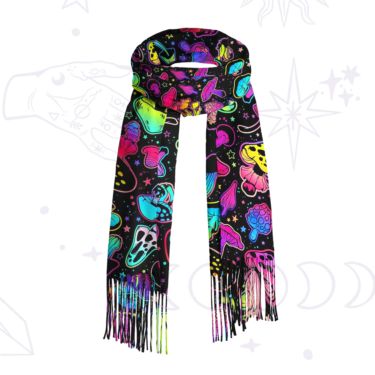 Purplehecate Psychedelic Mushroom Rave Printed Fringe Scarf