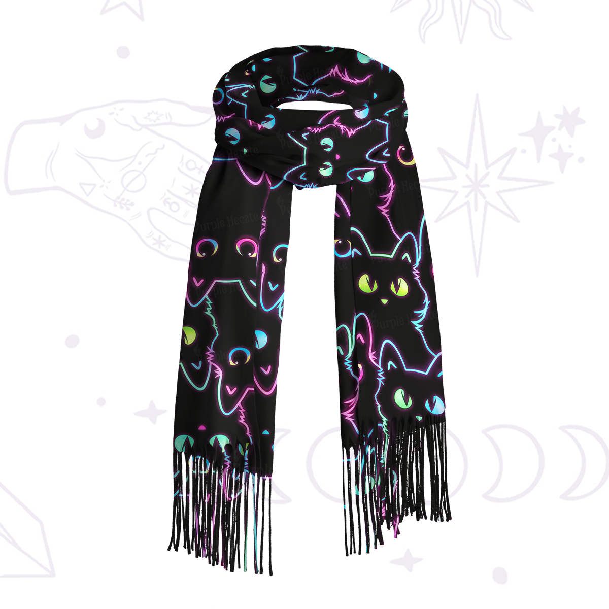 Purplehecate Neon Glow Stacked Cats Printed Fringe Scarf