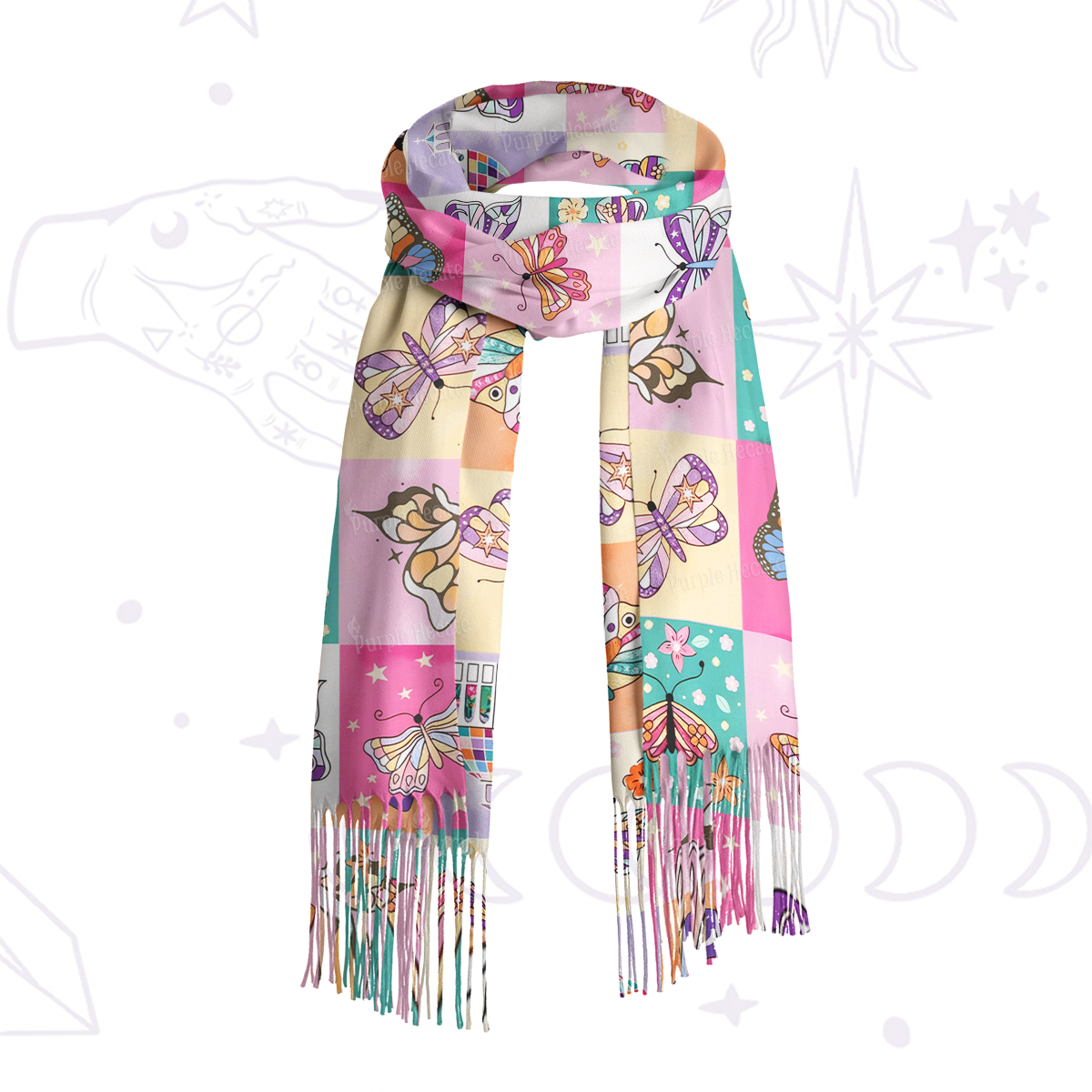 Purplehecate Dreamy Butterfly Garden Printed Fringe Scarf
