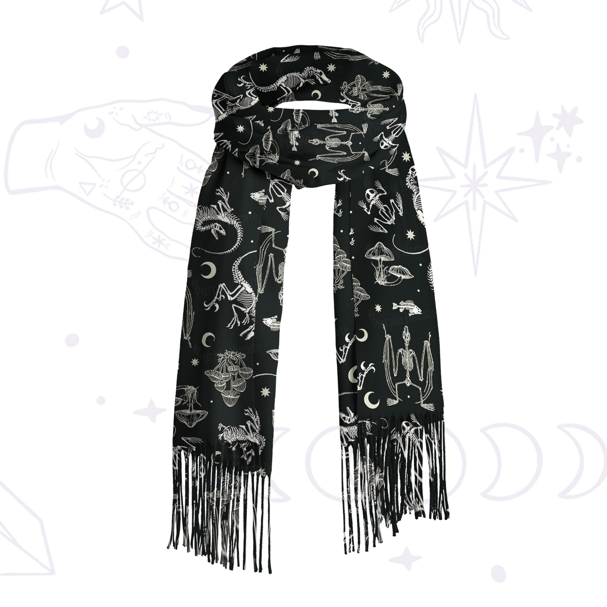 Purplehecate Prehistoric Fantasy Printed Fringe Scarf