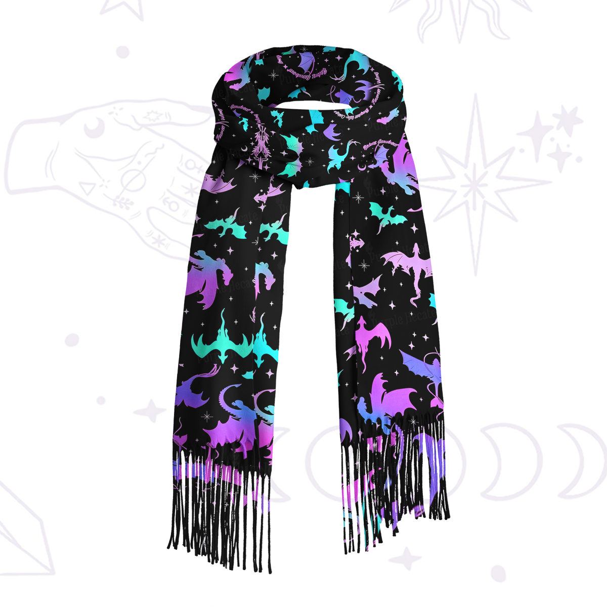 Purplehecate Neon Fantasy Dragon Allover Printed Fringe Scarf