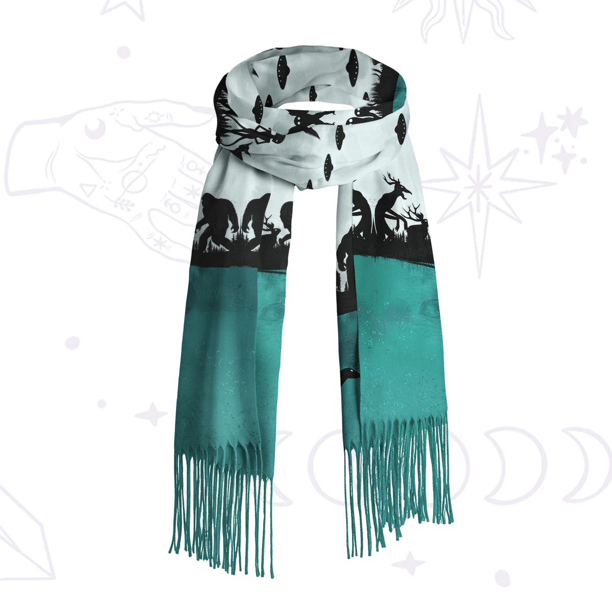 Purplehecate Alien Lake Monster Encounter Printed Fringe Scarf
