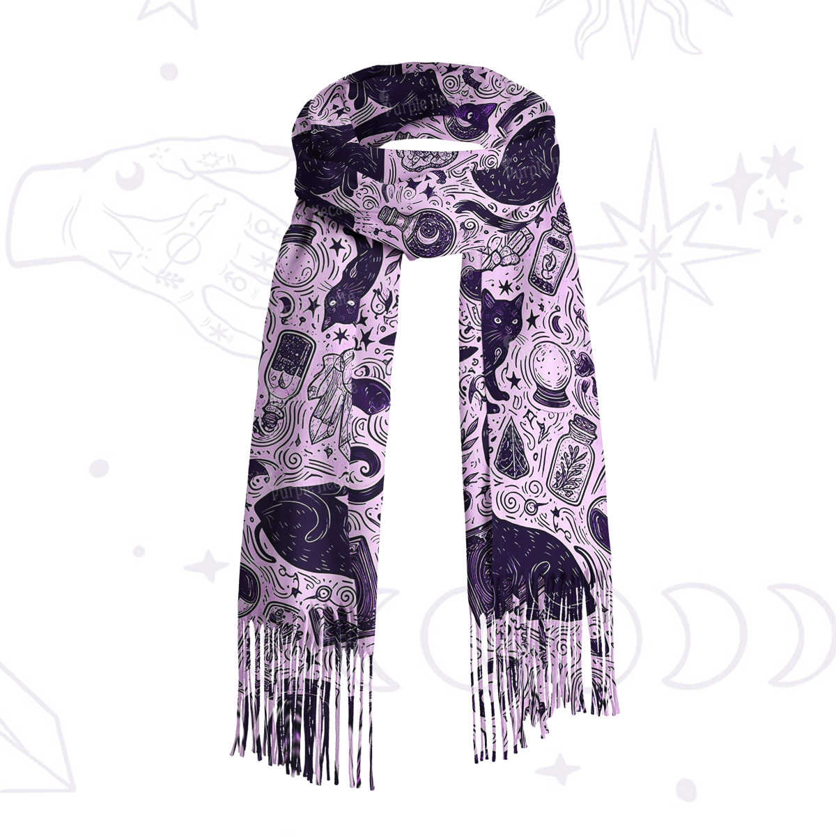 Purplehecate Midnight Black Cat Witch Potion Printed Fringe Scarf