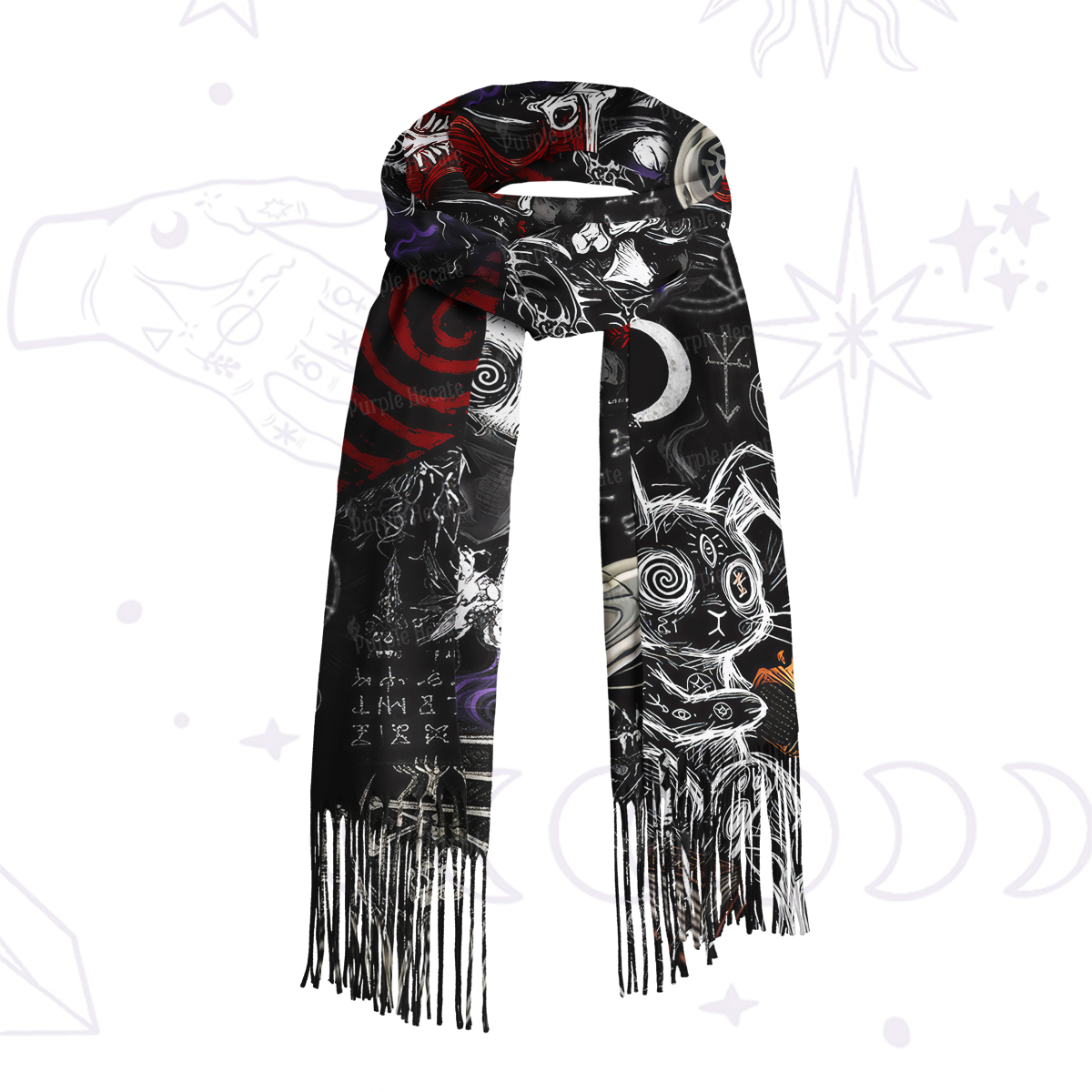 Purplehecate Gothic Cursed Bunny Ritual Printed Fringe Scarf