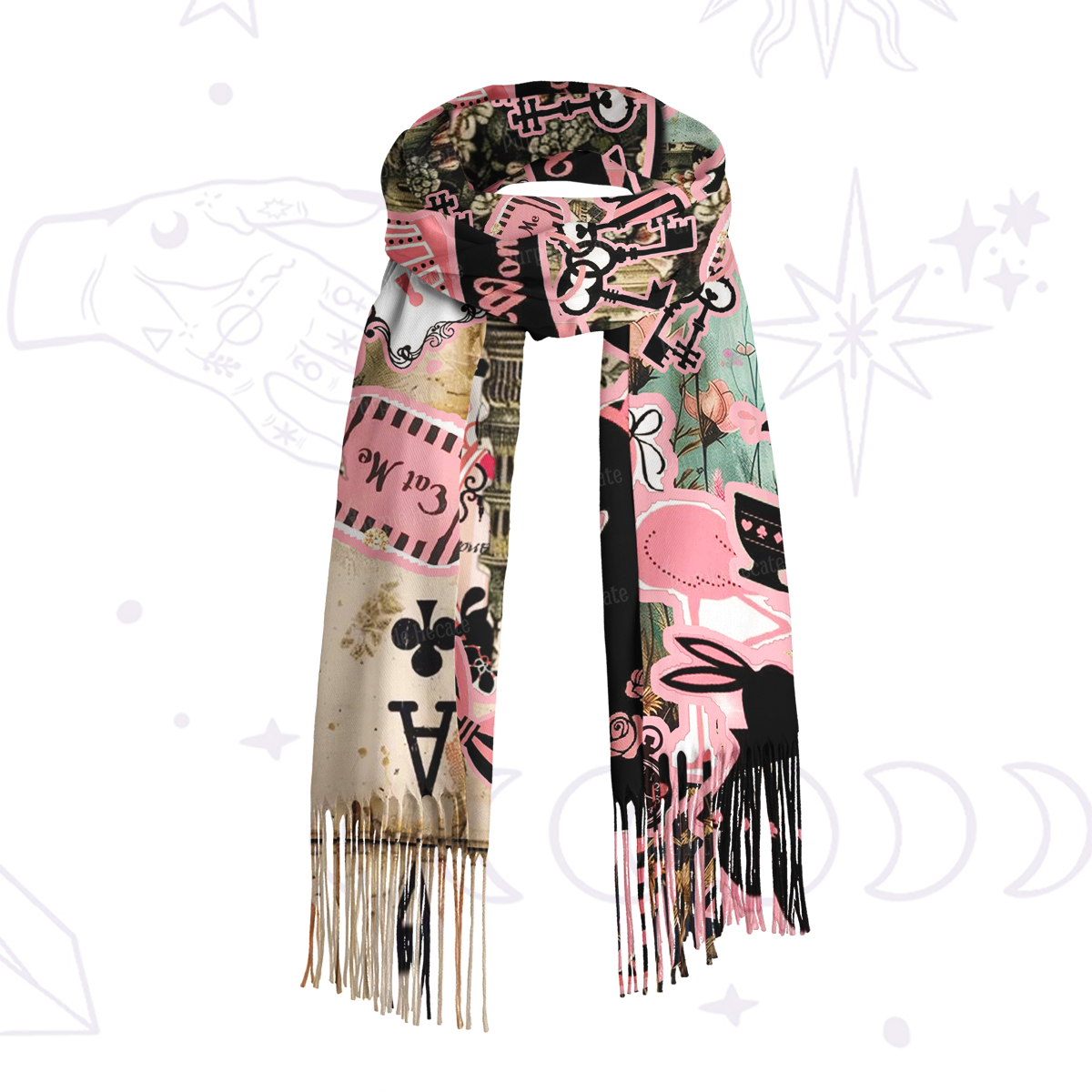 Purplehecate Wonderland Alice’s Tea Party Printed Fringe Scarf
