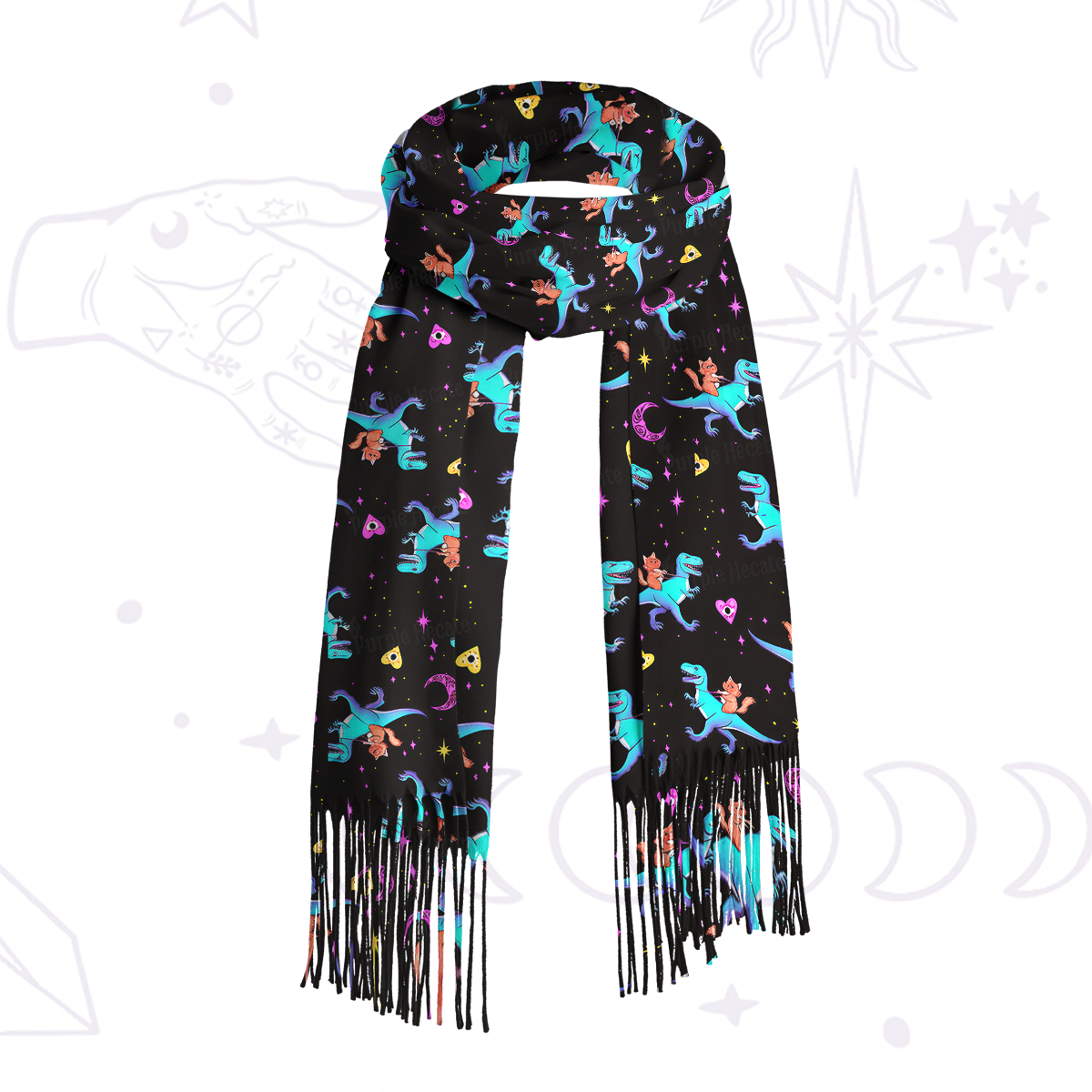 Purplehecate Witch Cat Rides the Dino Printed Fringe Scarf