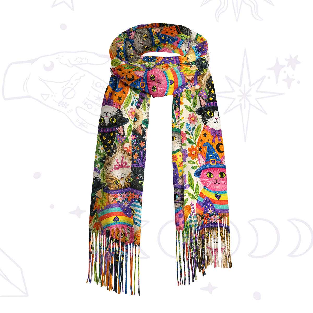 Purplehecate Witchy Meow-Meow Gathering Printed Fringe Scarf
