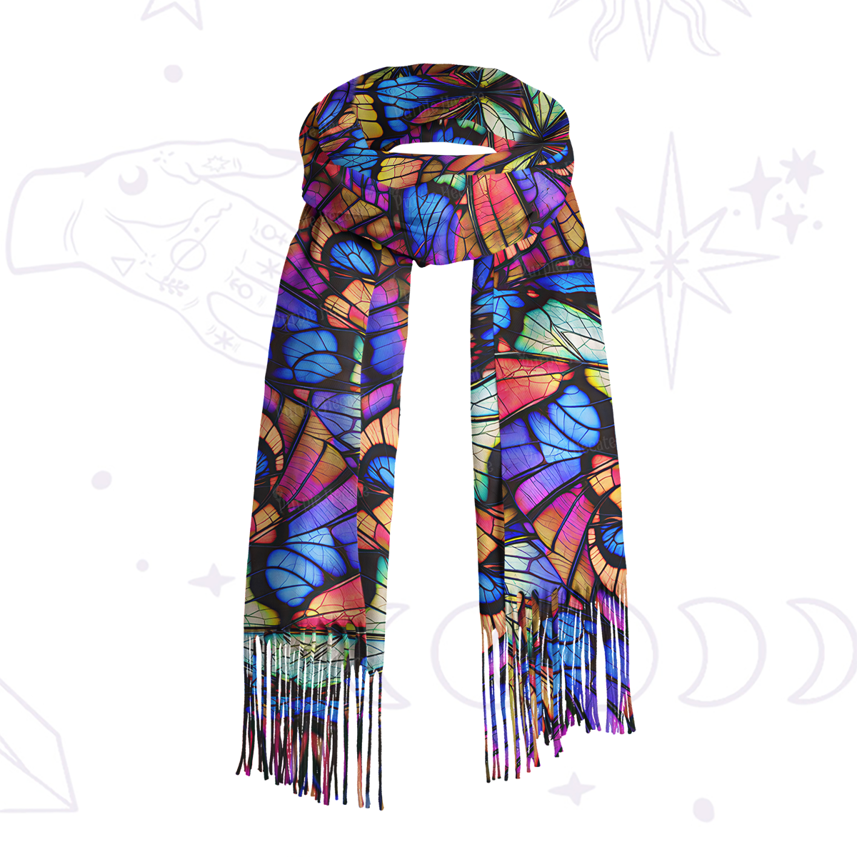 Purplehecate Colorful Butterfly Wing Pattern Printed Fringe Scarf