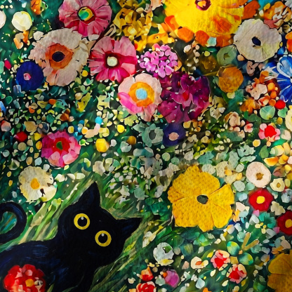 Purplehecate Fluffy Black Cat in Colorful Flower Field Off Shoulder Long Sleeve Knit Top