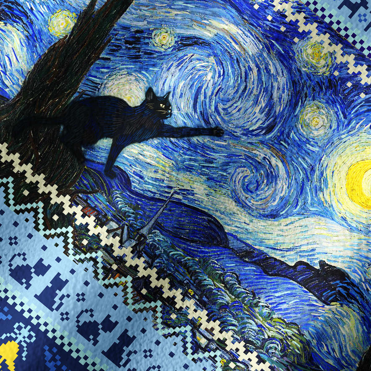 Purplehecate Witch Cat Under the Starry Night Off Shoulder Long Sleeve Knit Top