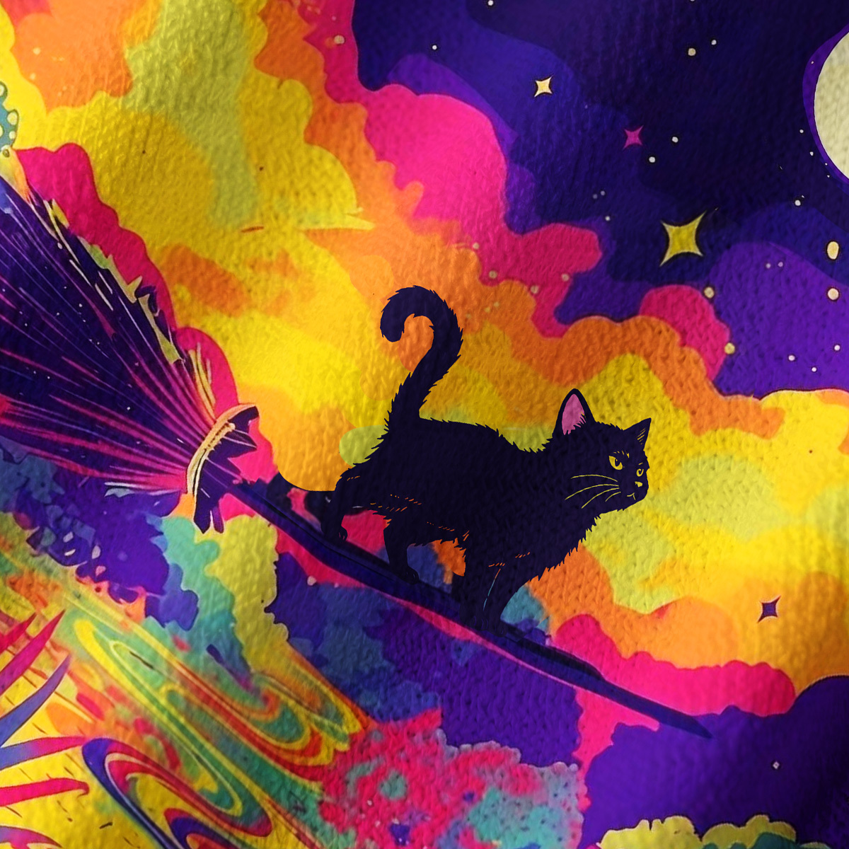 Purplehecate Midnight Cosmic Cat Fantasy Off Shoulder Long Sleeve Knit Top