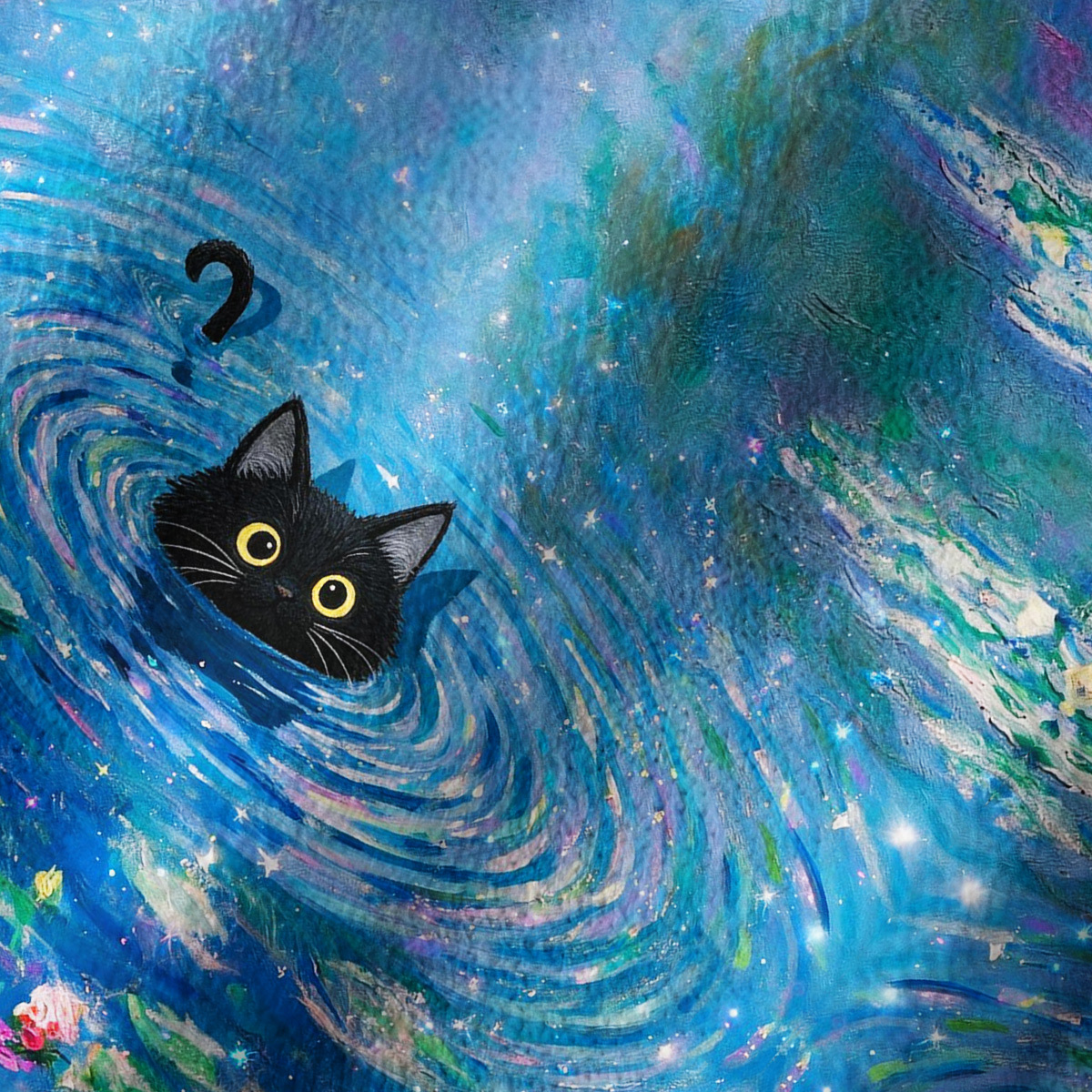 Purplehecate Black Cat in the Water Lilies Off Shoulder Long Sleeve Knit Top
