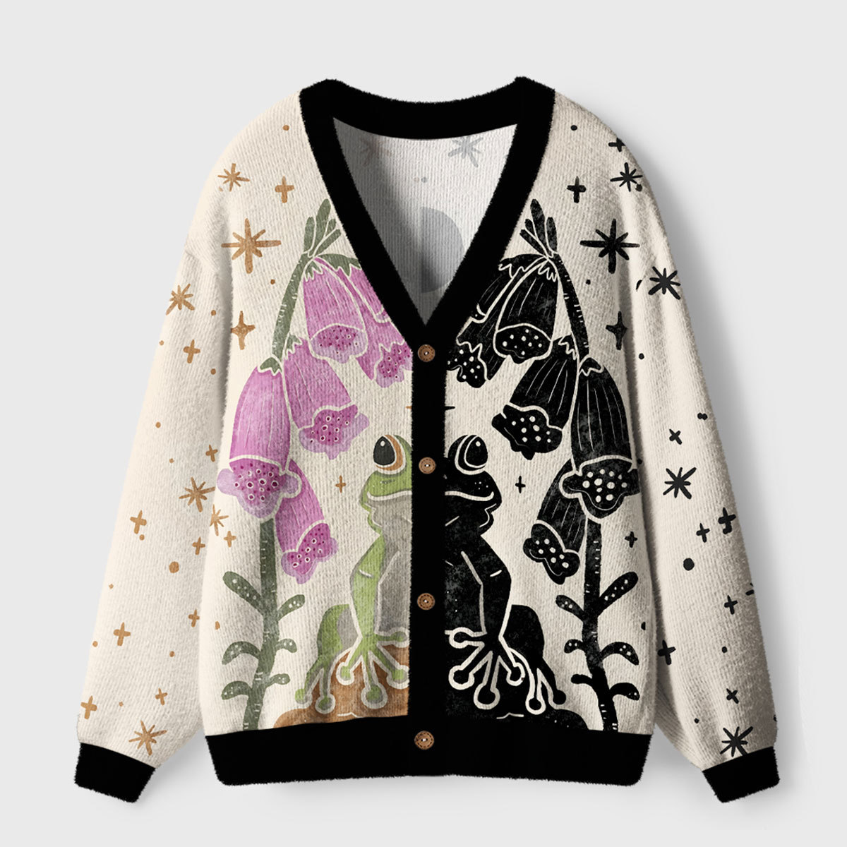 Purplehecate Dual-Tone Frog Garden Ugly Cardigan Sweaters