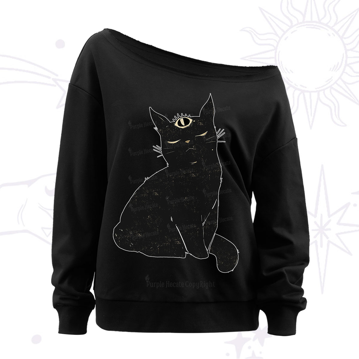 Purplehecate Third Eye Black Cat Off The Shoulder Sweatshirt