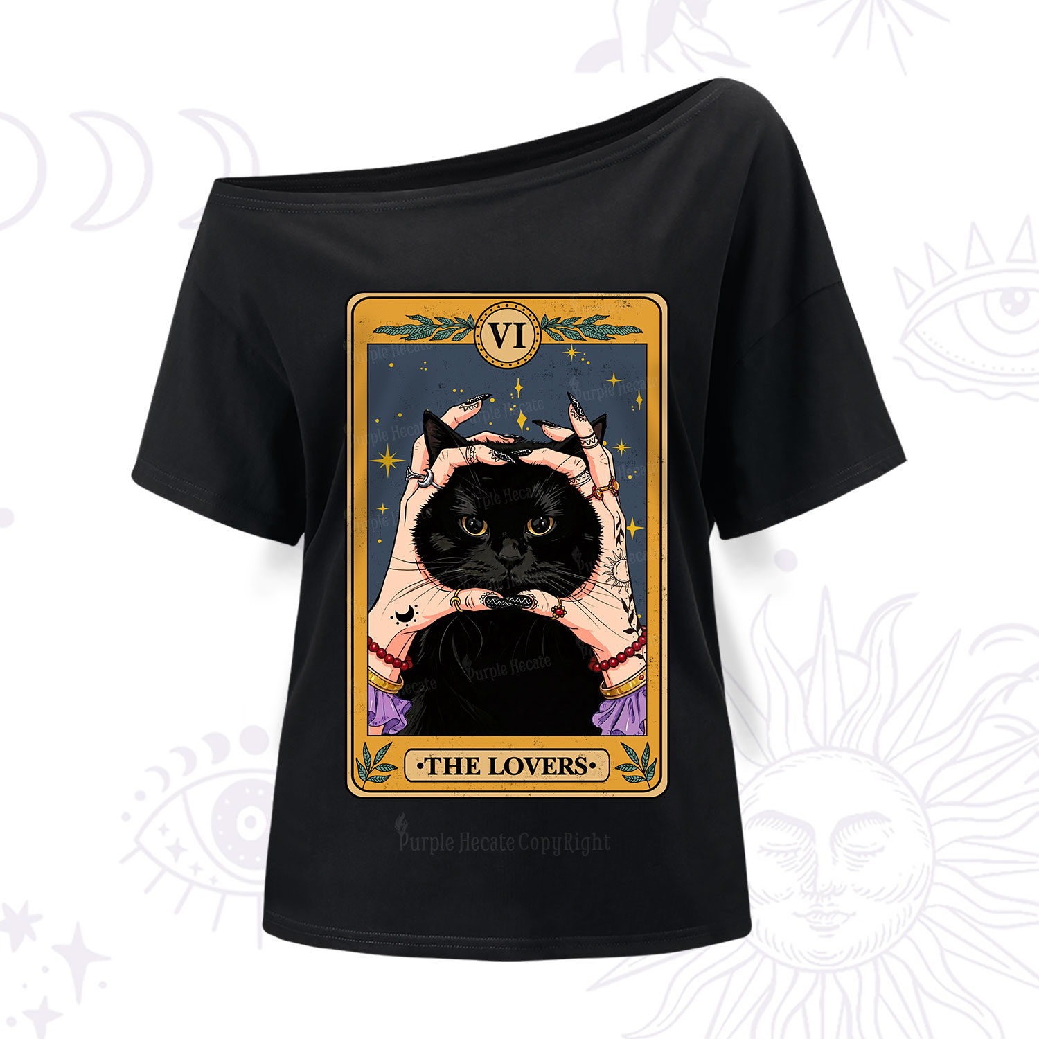 Purplehecate Black Cat The Lovers Tarot Card One Shoulder T-Shirt