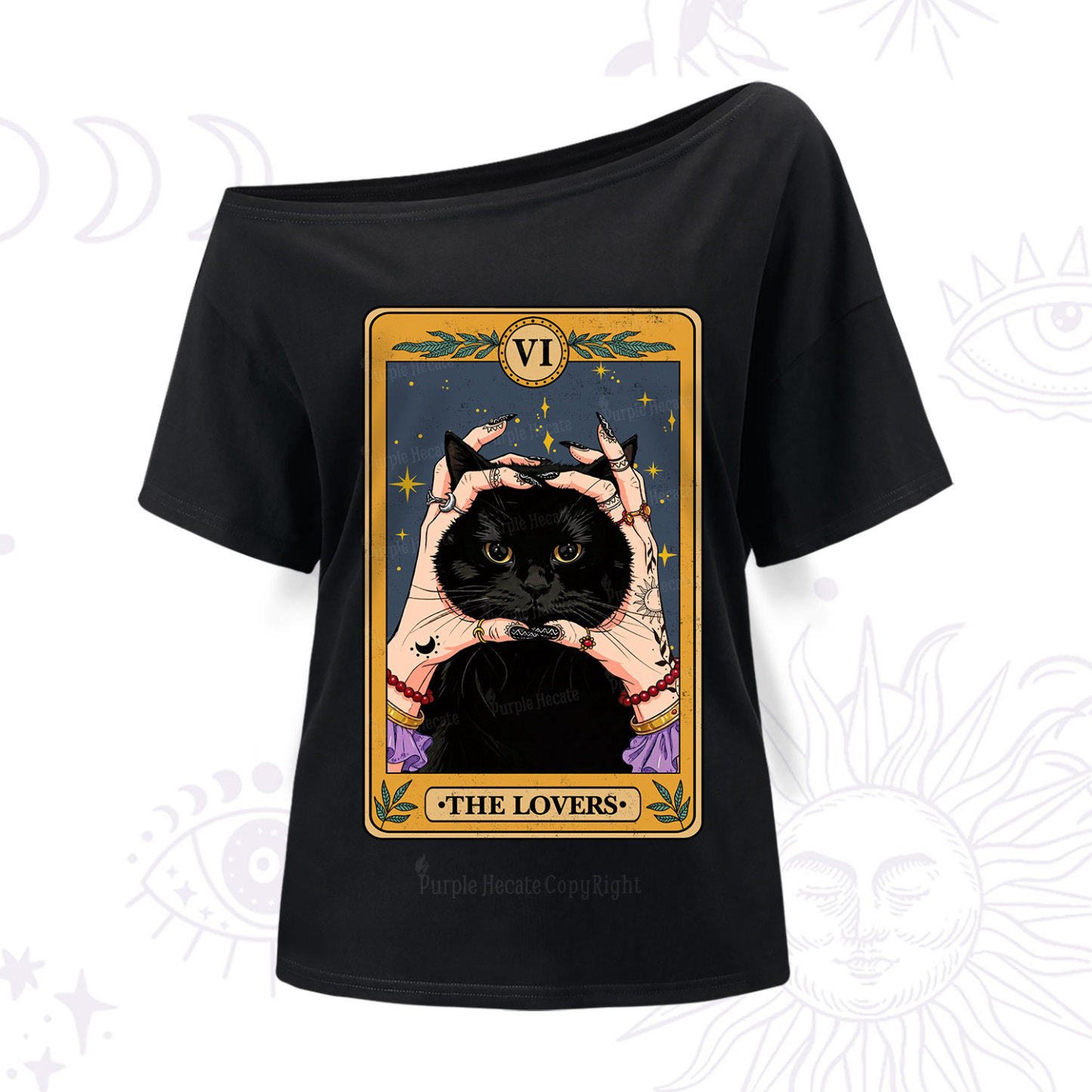 Purplehecate Black Cat The Lovers Tarot Card One Shoulder T-Shir t