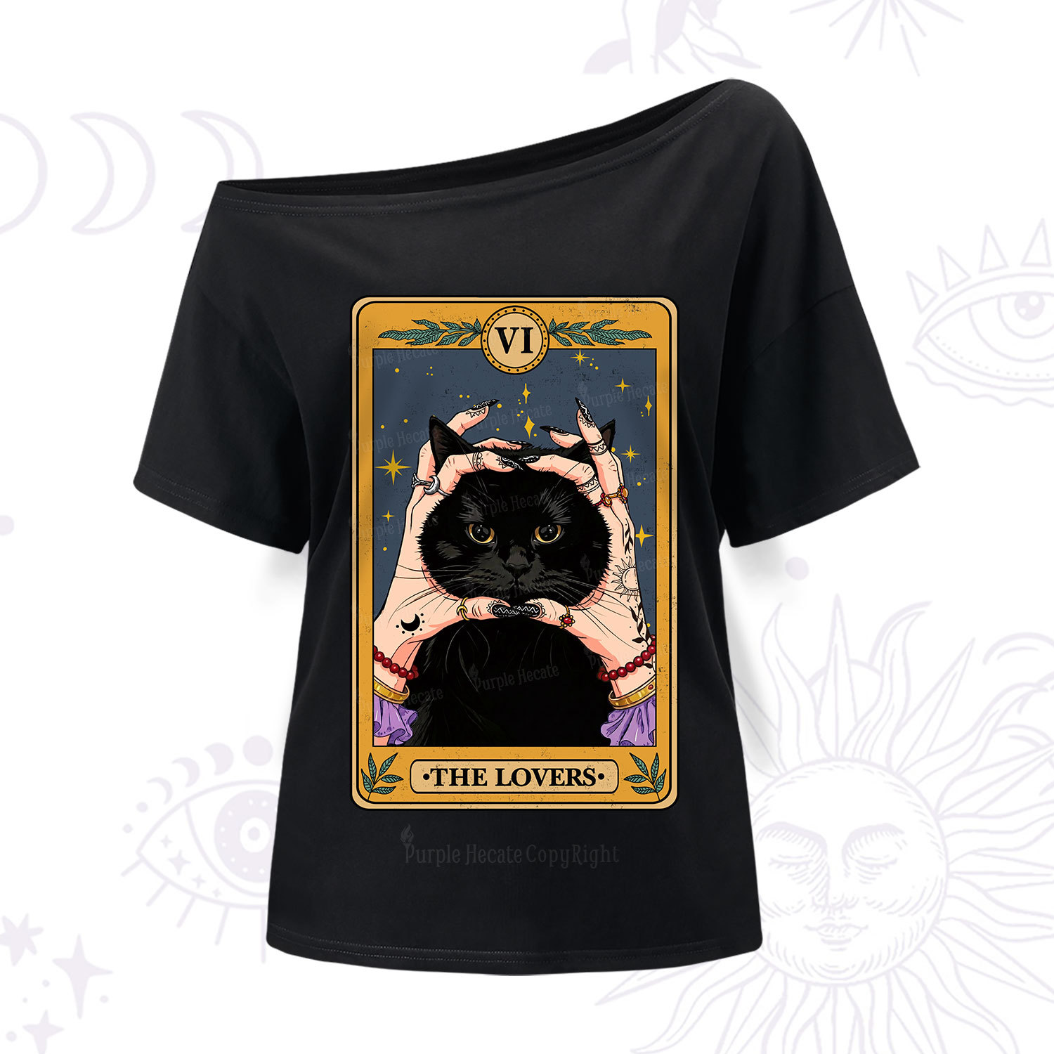 Purplehecate Black Cat The Lovers Tarot Card One Shoulder T-Shir t